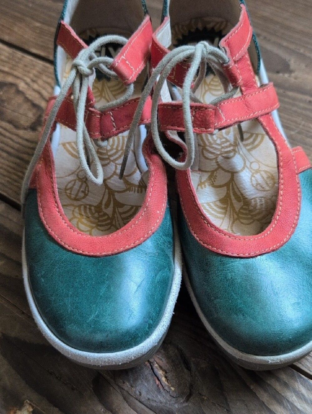 FLY London Teal + Coral Mary Jane Wedges - Picture 3 of 8